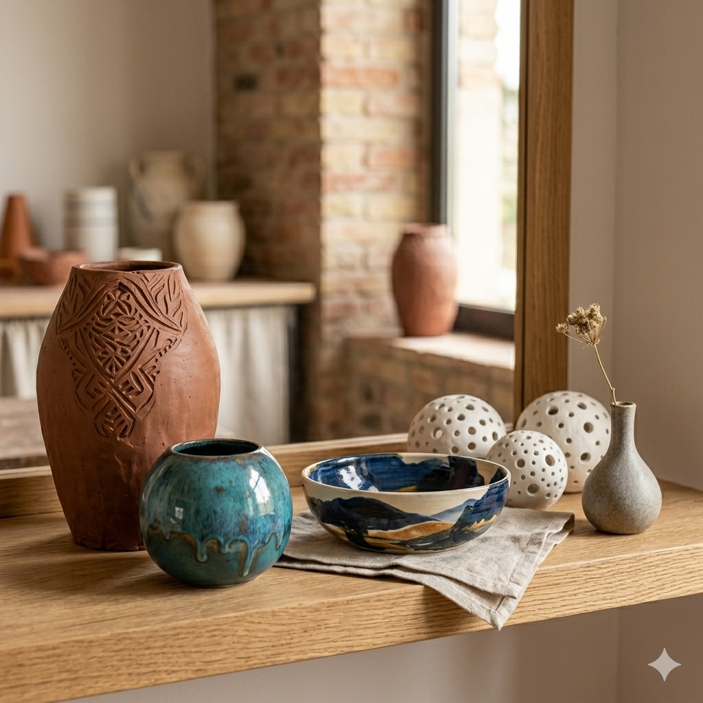 gerro de terracuita gravat a mà; a la dreta, un bol rodó amb esmalt blau vidrat i detall d'espiral