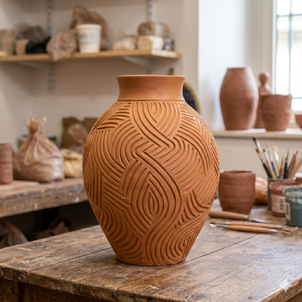 gran gerro de ceràmica artesanal de terracuita, amb un complex gravat geomètric fet a mà en espiral