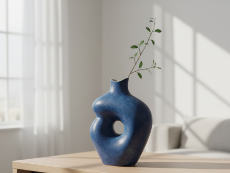 Un gerro de ceràmica color blau fosc mat de línies corbes i asimètriques, amb un forat circular al centre. Està situat sobre una taula de fusta clara, conté una delicada branca amb fulles verdes, i rep la llum natural d'una finestra en una habitació lluminosa i minimalista.
