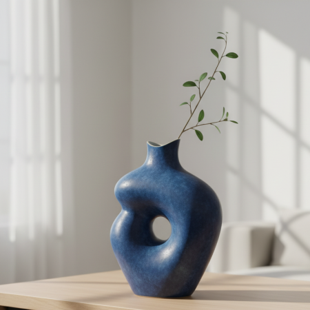 Un gerro de ceràmica color blau fosc mat de línies corbes i asimètriques, amb un forat circular al centre. Està situat sobre una taula de fusta clara, conté una delicada branca amb fulles verdes, i rep la llum natural d'una finestra en una habitació lluminosa i minimalista.