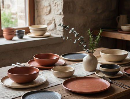 Vaixella rústica de ceràmica artesanal en tons naturals.