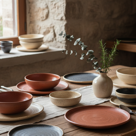 Vaixella rústica de ceràmica artesanal en tons naturals.