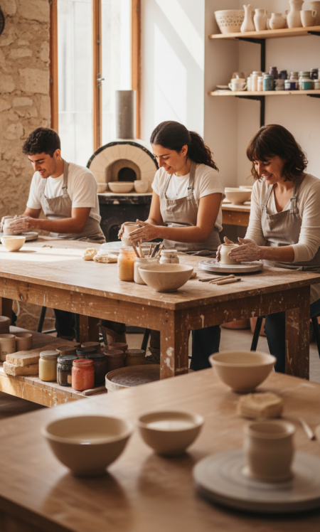 Un estudi de ceràmica acollidor amb parets de pedra i llum natural. Un noi i dues noies amb davantals treballen alegrement el fang sobre una gran taula central de fusta. Al fons hi ha un forn i prestatgeries plenes de pots i peces, i en primer pla s'intueixen uns bols de ceràmica acabats.