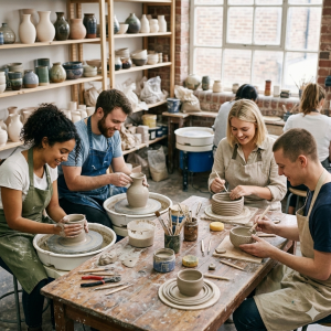 Un grup de quatre alumnes treballant l'argila en un estudi de ceràmica lluminós; dos joves utilitzen torns elèctrics mentre els altres dos modelen peces a mà sobre una taula de fusta amb eines d'artesania i prestatges plens de gerres al fons.