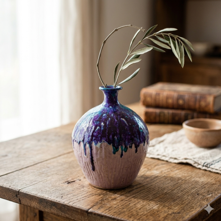 Gerro de ceràmica artesanal amb base estriada rosa i esmalt blau i porpra gotejant, amb una branca d'olivera sobre una taula de fusta rústica.