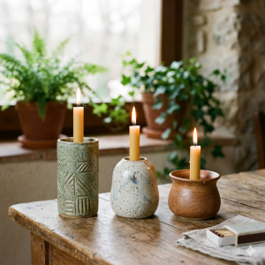 Tres portaespelmes de ceràmica artesanal amb diferents formes, textures i colors (verd, blanc pigallat i marró rústic) amb espelmes de cera naturals enceses sobre una taula de fusta davant d'una finestra amb plantes.