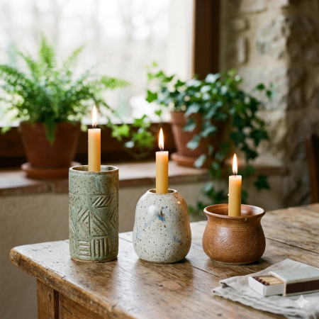 Tres portaespelmes de ceràmica artesanal amb diferents formes, textures i colors (verd, blanc pigallat i marró rústic) amb espelmes de cera naturals enceses sobre una taula de fusta davant d'una finestra amb plantes.