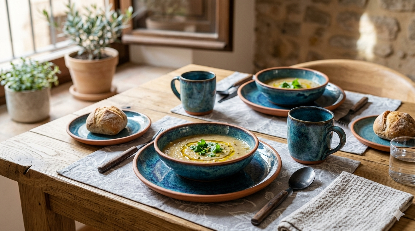 Una taula de menjador de fusta de roure amb llum natural, parada amb un joc complet de vaixelles artesanes fets a mà amb esmalts de colors turquesa, blau fosc i detalls de terracota. Hi ha plats de sopes cremoses de colors terrosos i altres elements de cuina rústica, amb un fons d'un interior amb finestres bokeh. Una atmosfera càlida, invitadora i artística.