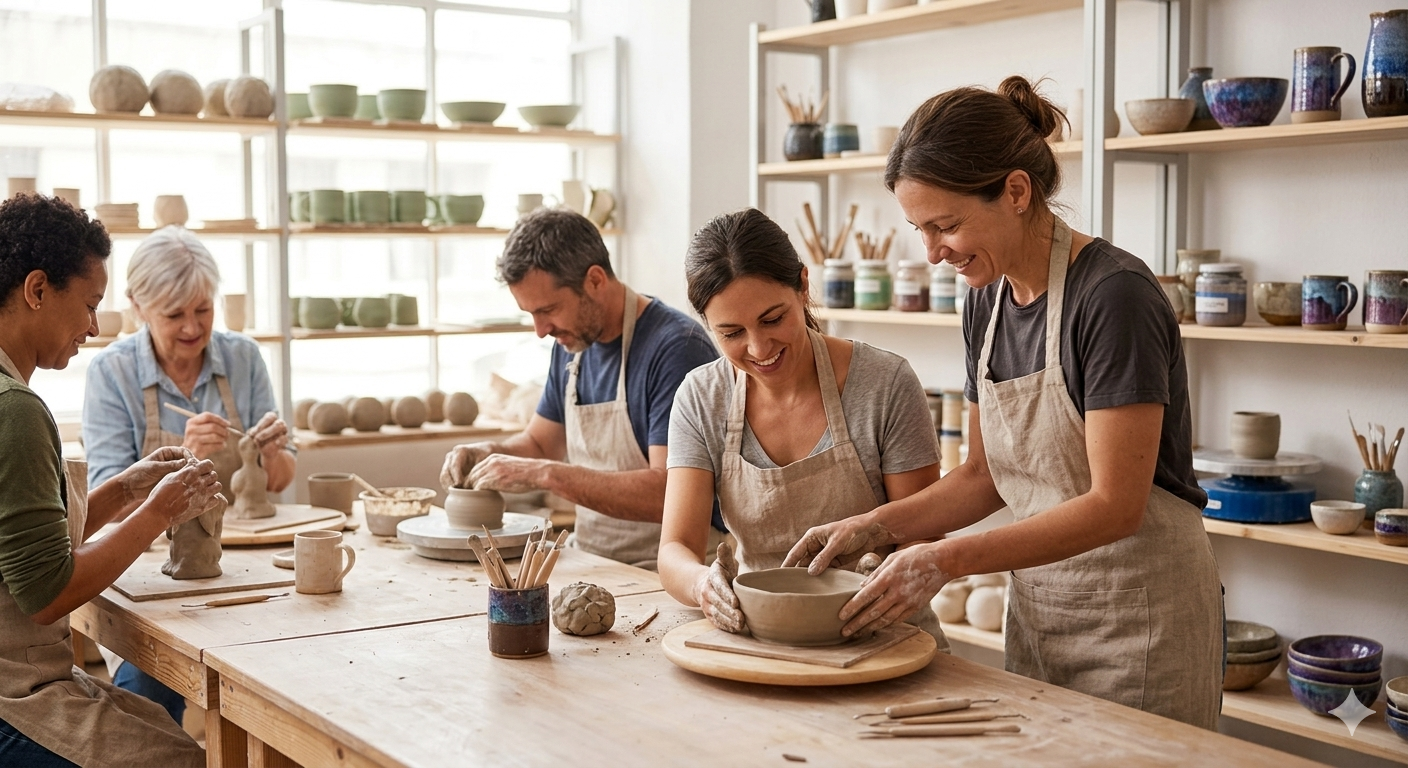Un grup de persones de diferents edats somrients en un taller de ceràmica lluminós, treballant el fang amb les mans i en torns sobre taules de fusta, amb prestatgeries plenes de peces artesanals al fons. Un ambient creatiu, col·laboratiu i relaxat.