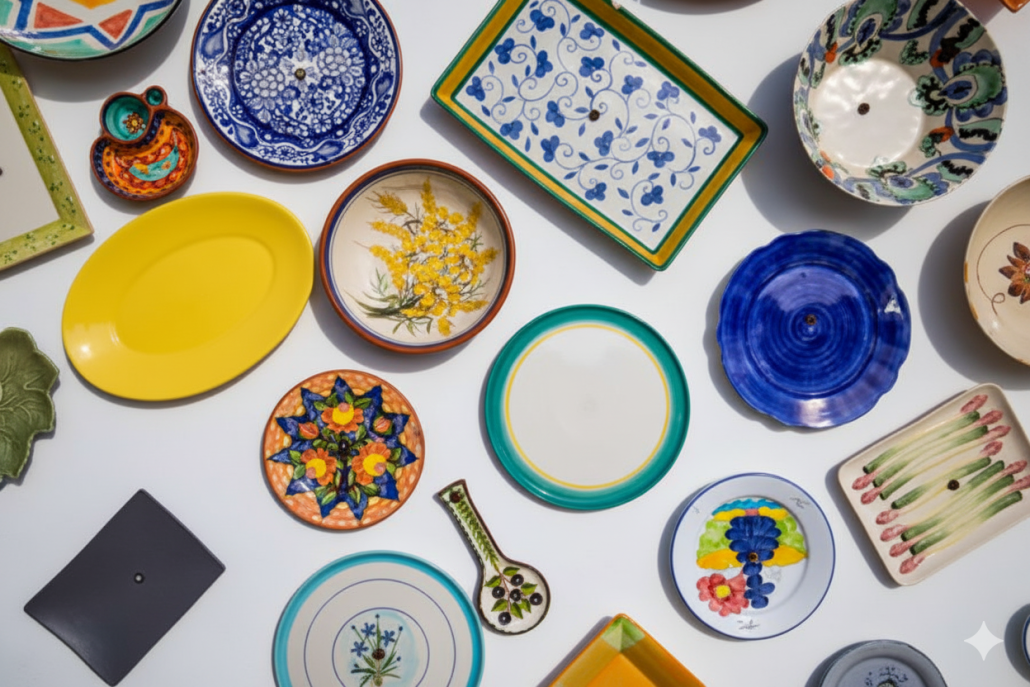 Generated Image April 14, 2026 - 11_44AM Vista superior d'una gran col·lecció de plats, bols i safates de ceràmica artesanal de diferents mides, colors vius i motius florals pintats a mà sobre un fons blanc.