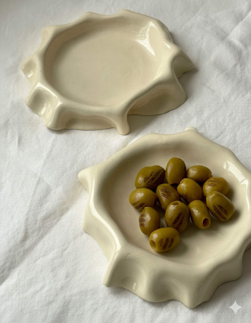 Generated Image April 14, 2026 - 12_04PM Dos platets de ceràmica artesanal de color cru esmaltat brillant, amb un disseny de vores ondulades que recorden a la tela caiguda. Un d'ells conté olives verdes amanides.