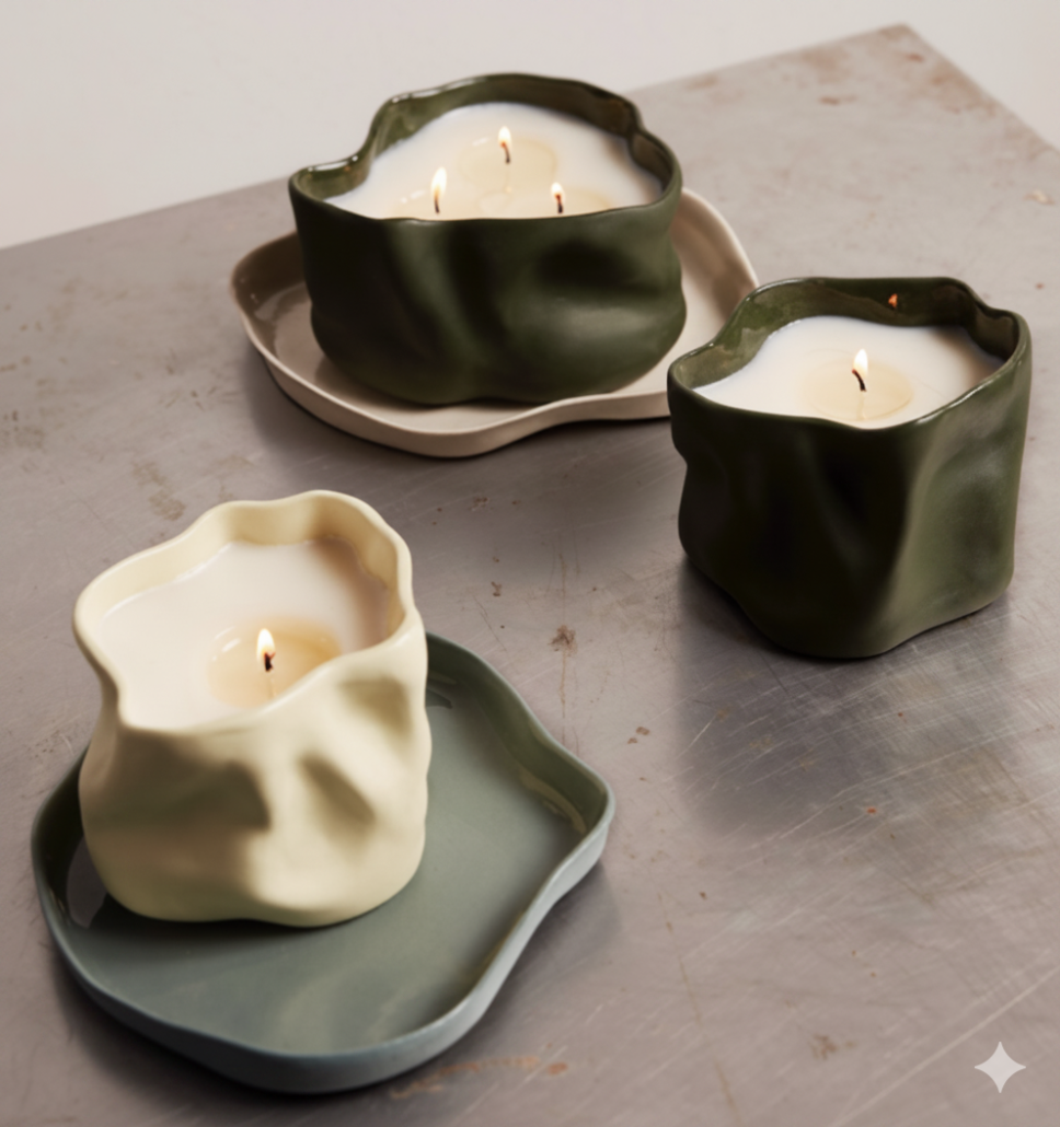 Generated Image April 14, 2026 - 12_07PM Tres recipients de ceràmica artesanal amb formes orgàniques arrugades en colors verd oliva i cru, utilitzats com a espelmes enceses i acompanyats de petits platets a joc.