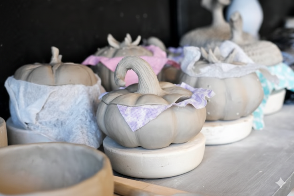 Generated Image April 14, 2026 - 12_09PM Filera de peces de ceràmica crua modelades en forma de carbassa amb tapa, assecant-se sobre suports rodons en un prestatge del taller, amb petits trossos de roba per protegir l'encaix.