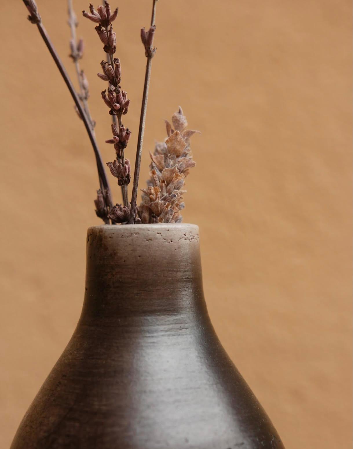 Detall d'un gerro de ceràmica fosca llisa d'estil minimalista, decorat amb branques d'espígol sec sobre un fons càlid.