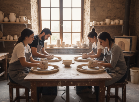 Quatre terrissaires, un home i tres dones, modelant argila sobre torns manuals en una taula de fusta dins un taller rústic amb prestatges de ceràmica i un forn.