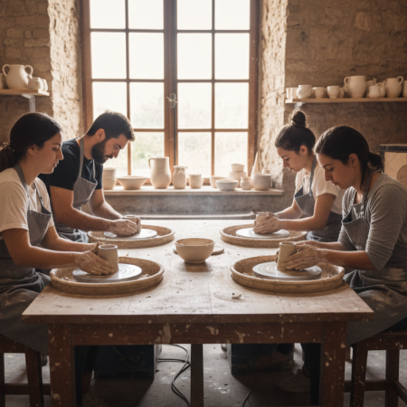 Quatre terrissaires, un home i tres dones, modelant argila sobre torns manuals en una taula de fusta dins un taller rústic amb prestatges de ceràmica i un forn.