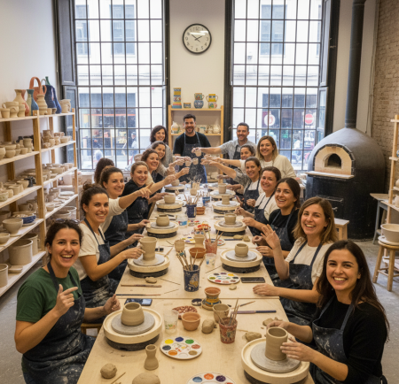 Gran grup de persones somrient en un taller de ceràmica, asseguts en una taula llarga amb torns de terrissaire i brindant en un ambient festiu i creatiu.