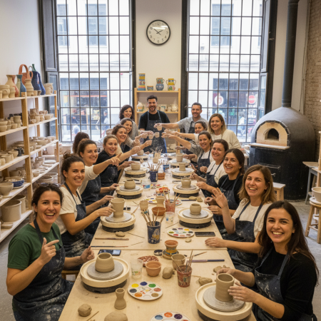 Gran grup de persones somrient en un taller de ceràmica, asseguts en una taula llarga amb torns de terrissaire i brindant en un ambient festiu i creatiu.